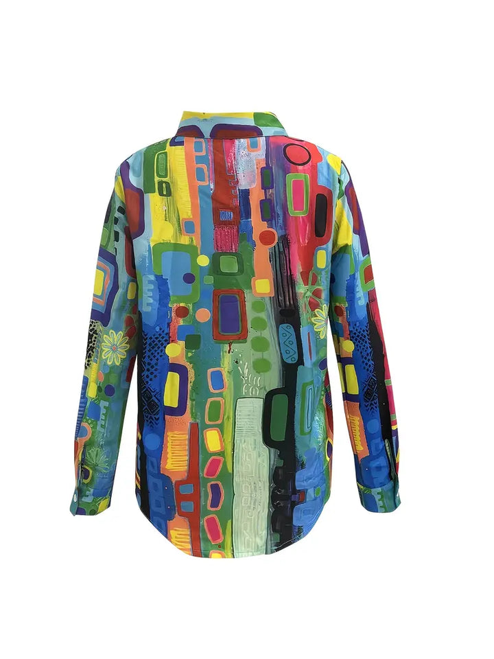 Rückseite des Louisa Hemds mit Knöpfen in kräftigen Farben und geometrischem Design. Ideal für stilvolle Damenbekleidung.
